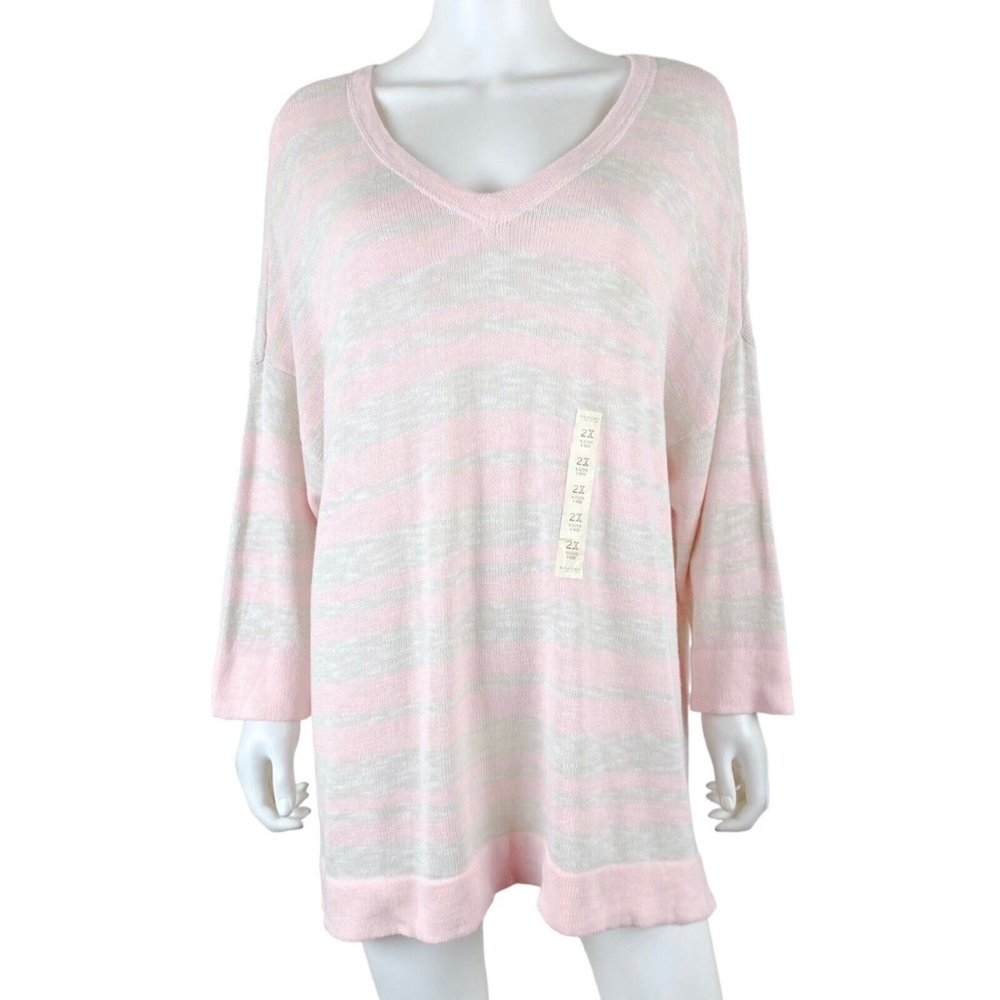 NWT Sonoma Drop Shoulder Pink Beige Striped V Neck Sweater Pullover